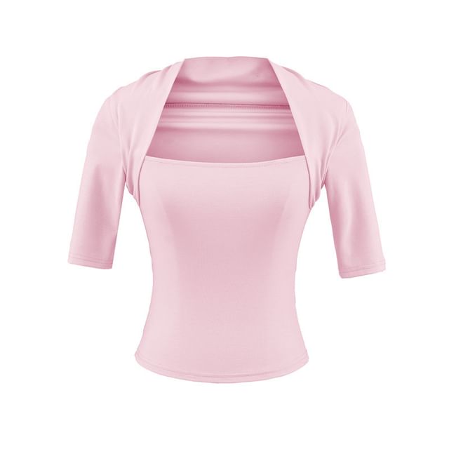 Gangacore-Elbow-Sleeve Square Neck Plain T-Shirt