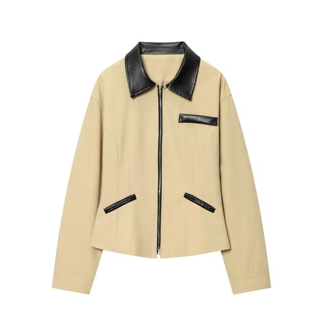 Gangacore-Faux Leather Collar Zip Jacket
