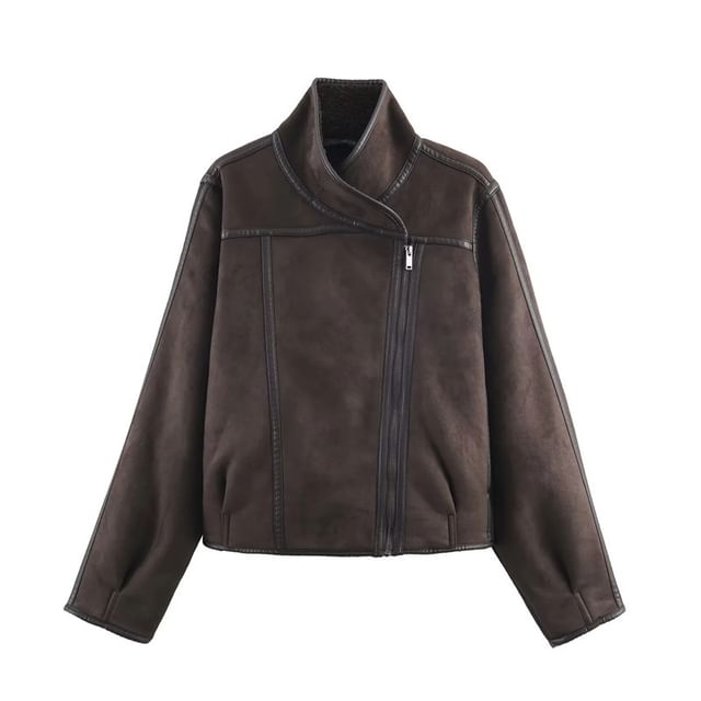 Gangacore-Faux Leather Trim Zip-Up Jacket