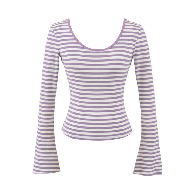 Gangacore-Flared-Sleeve Scoop Neck Striped T-Shirt