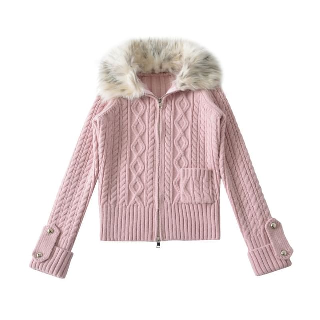 Gangacore-Fluffy Collar Plain Cable Knit Zip Cardigan