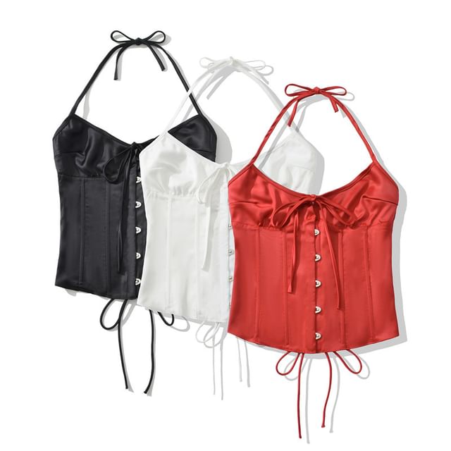 Gangacore-Halter Scoop Neck Plain Corset Top