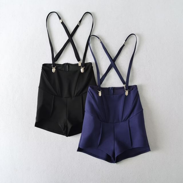Gangacore-High Waist Plain Suspender Shorts