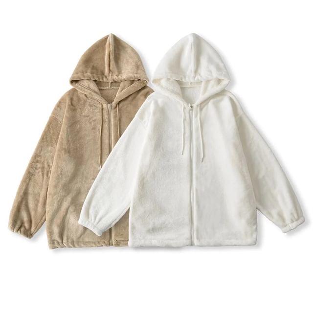 Gangacore-Hooded Plain Fleece Zip Jacket