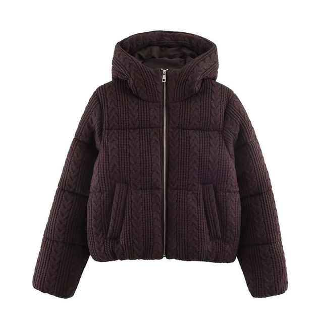 Gangacore-Hooded Zip-Up Plain Cable Knit Puffer Jacket