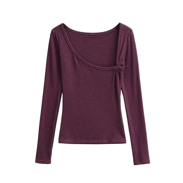 Gangacore-Long Sleeve Asymmetrical Neck Plain Top