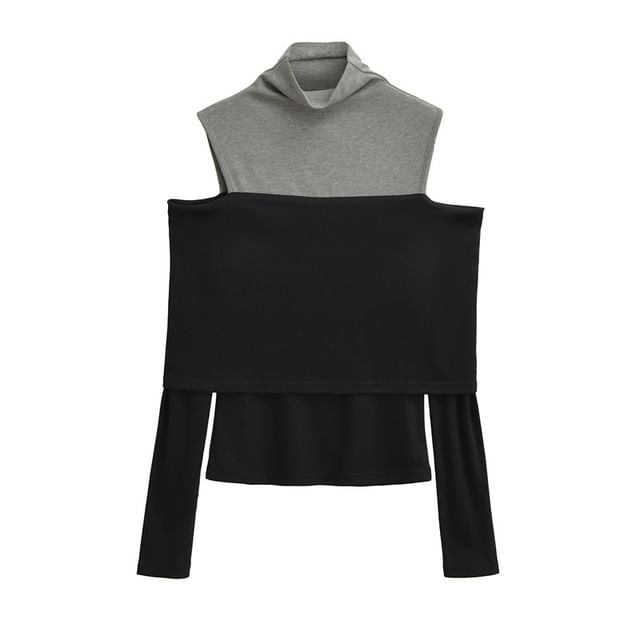 Gangacore-Long Sleeve Cold Shoulder Mock Neck Two Tone Panel Top