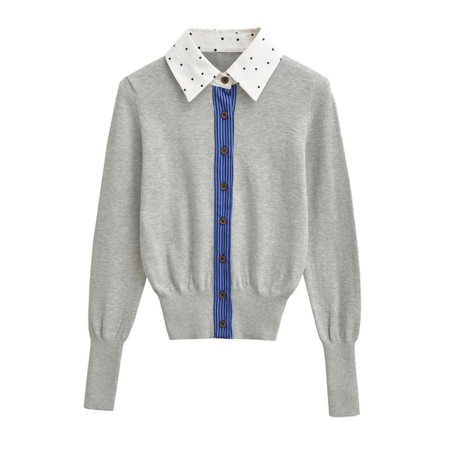 Gangacore-Long Sleeve Collared Dotted Striped Mock Two Piece Button Knit Top