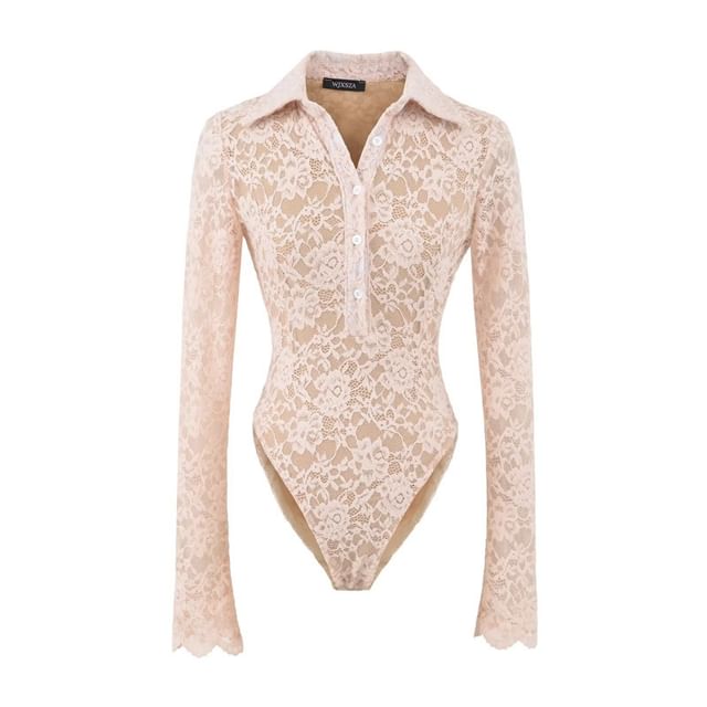 Gangacore-Long-Sleeve Collared Half-Buttoned Lace Bodysuit Top