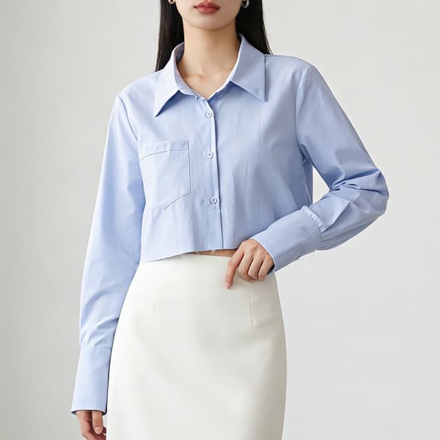 Gangacore-Long-Sleeve Collared Plain Crop Button Up Shirt