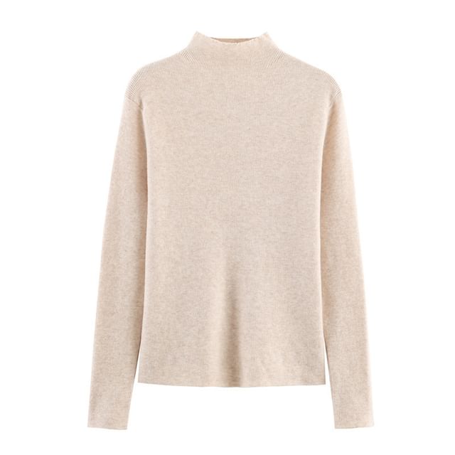 Gangacore-Long Sleeve Mock Neck Plain Knit Top