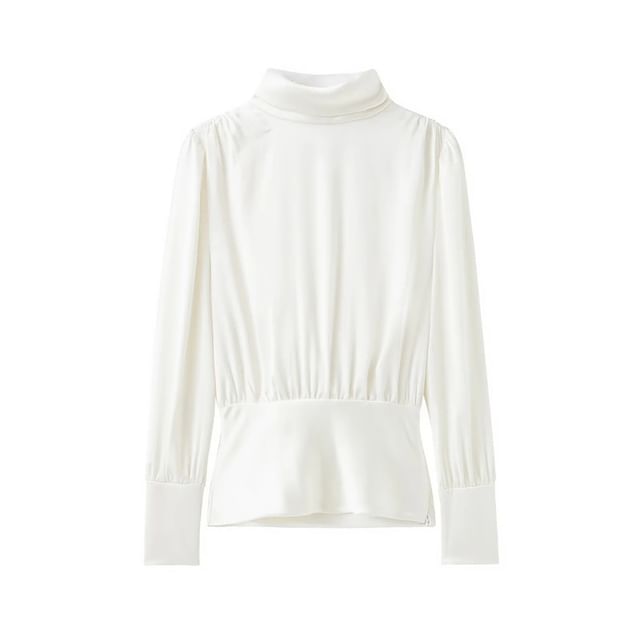 Gangacore-Long Sleeve Mock Neck Plain Ruched Tee