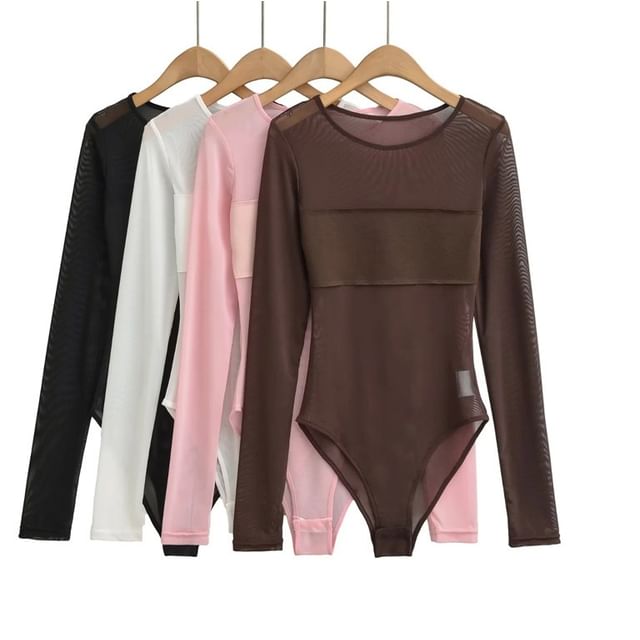 Gangacore-Long-Sleeve Plain Mesh Bodysuit Top