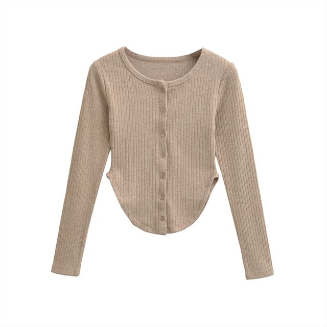 Gangacore-Long-Sleeve Round Neck Plain Ribbed Button Up Top