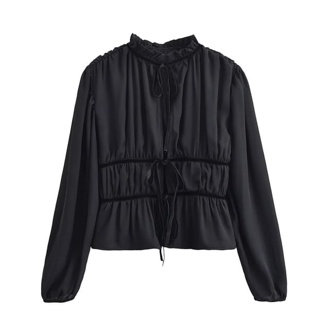 Gangacore-Long Sleeve Ruffle Neck Plain Tie Front Blouse