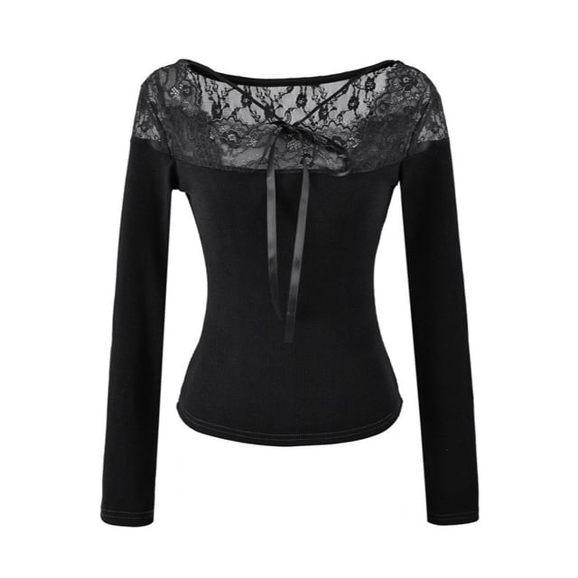 Gangacore-Long-Sleeve Scoop Neck Plain Lace Panel Tee