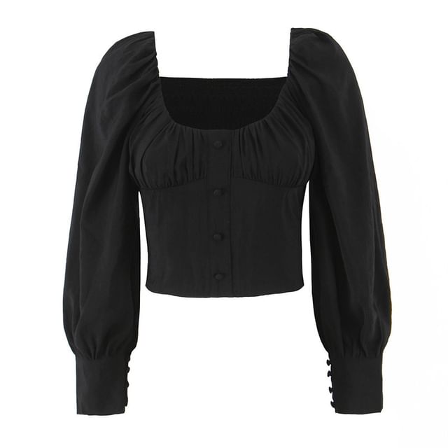 Gangacore-Long Sleeve Square Neck Plain Button Up Crop Blouse