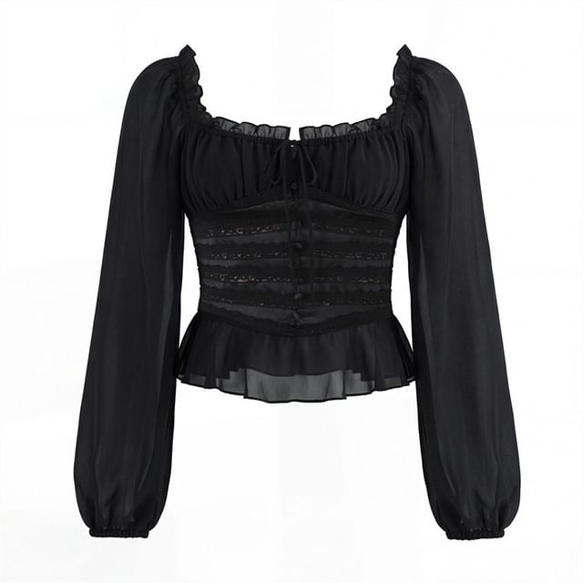 Gangacore-Long-Sleeve Square Neck Plain Ruffle Trim Blouse