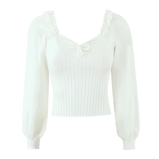 Gangacore-Long-Sleeve V-Neck Plain Knit Top