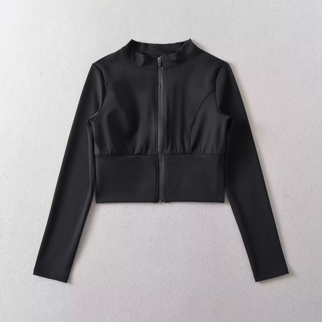 Gangacore-Mock Neck Plain Cropped Zip Jacket