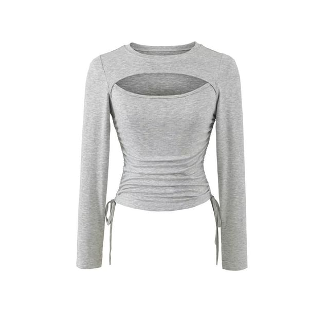 Gangacore-Mock Two-Piece Long-Sleeve Crew Neck Plain Cutout Drawstring Ruched T-Shirt