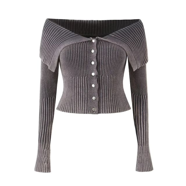 Gangacore-Off-Shoulder Button-Up Plain Crop Cardigan
