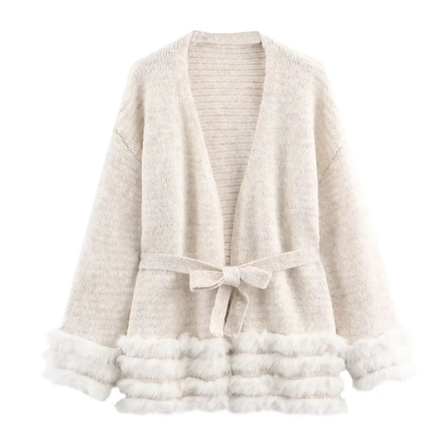 Gangacore-Plain Fluffy Trim Tie-Front Cardigan