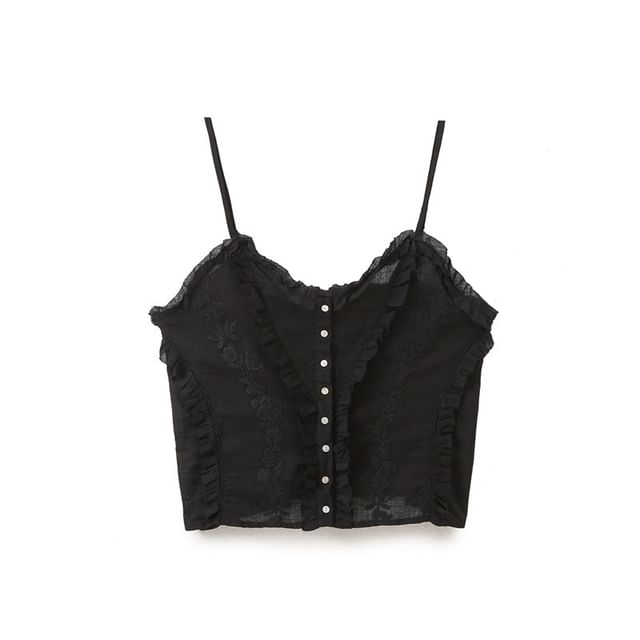 Gangacore-Plain Ruffled Button-Up Crop Camisole Top