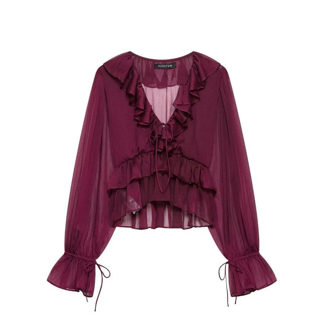 Gangacore-Puff-Sleeve V-Neck Plain Ruffled Crop Blouse