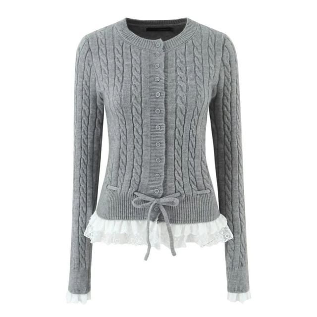 Gangacore-Round Neck Ruffle Drawstring Lace Panel Cable Knit Cardigan