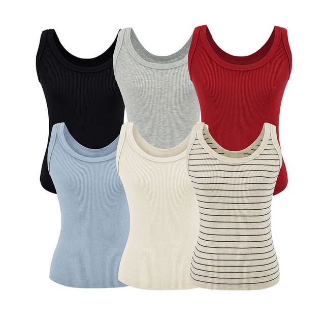 Gangacore-Scoop Neck Plain Ribbed Tank Top