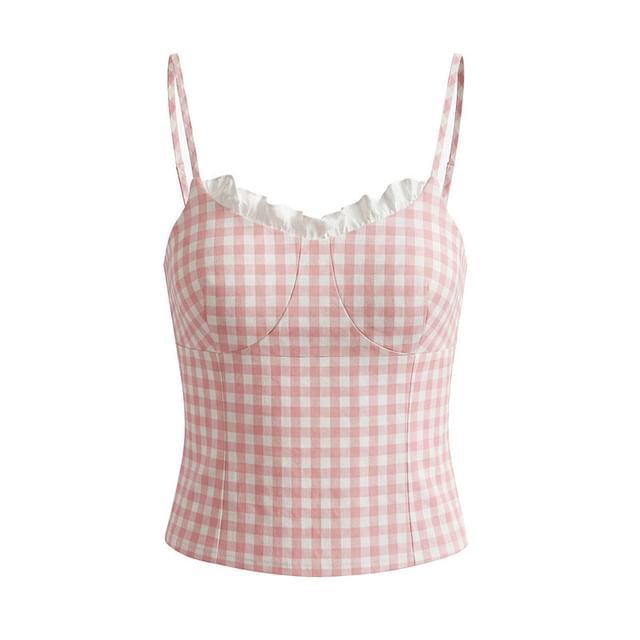 Gangacore-Spaghetti Strap Plaid Ruffle Trim Camisole Top
