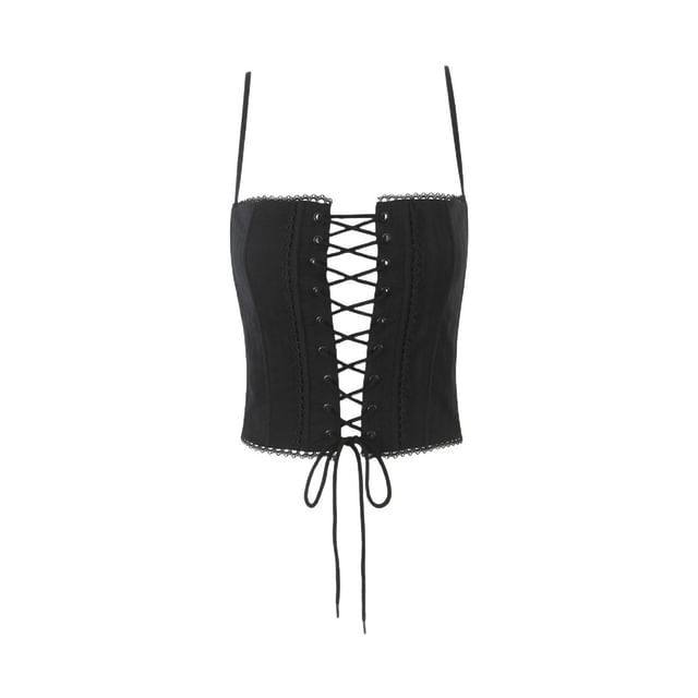 Gangacore-Spaghetti Strap Plain Lace Up Crop Bustier Top