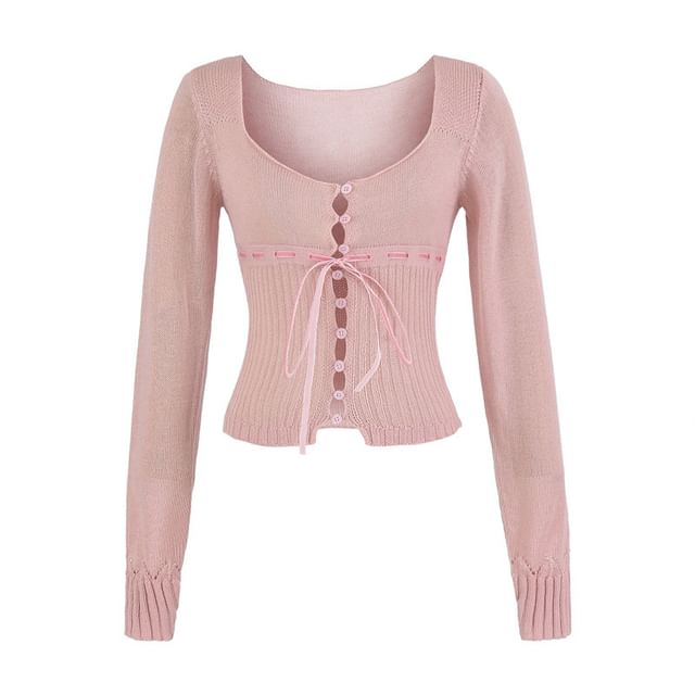 Gangacore-Square Neck Tie Front Button-Up Plain Crop Cardigan