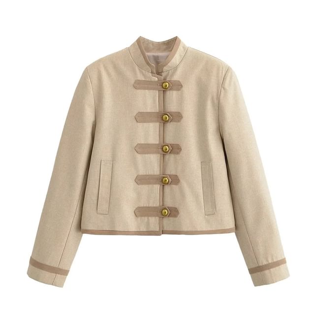 Gangacore-Stand Collar Contrast Trim Button-Up Crop Jacket