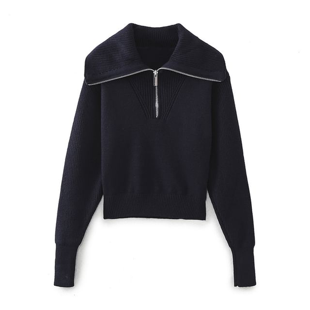 Gangacore-Stand Collar Half-Zip Plain Crop Sweater