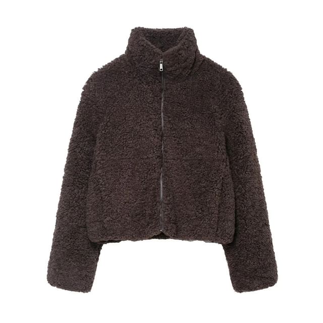 Gangacore-Stand Collar Plain Fleece Zip Jacket