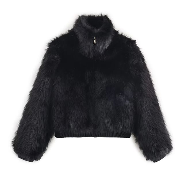 Gangacore-Stand Collar Plain Fluffy Zip Jacket