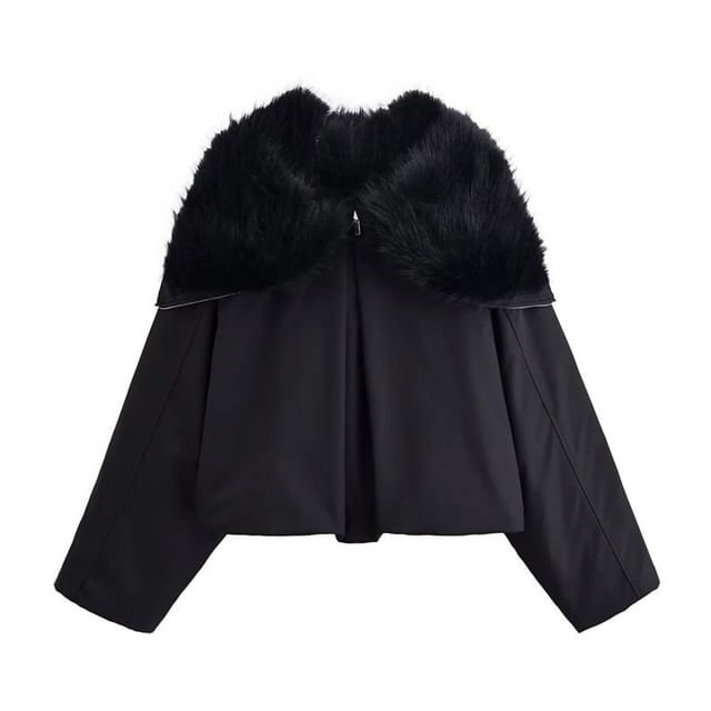 Gangacore-Stand Collar Plain Hood Fleece-Lined Zip Jacket