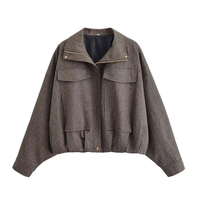 Gangacore-Stand Collar Plain Zip Ruched Jacket