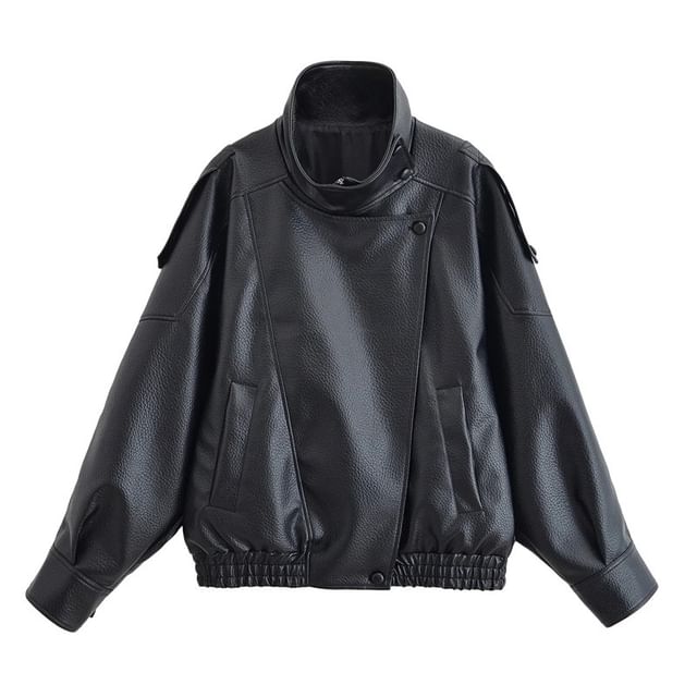 Gangacore-Turtleneck Faux Leather Zip-Up Jacket