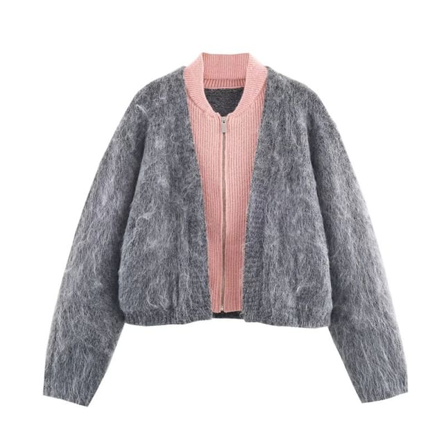 Gangacore-Two Tone Mock Two-Piece Zip Cardigan