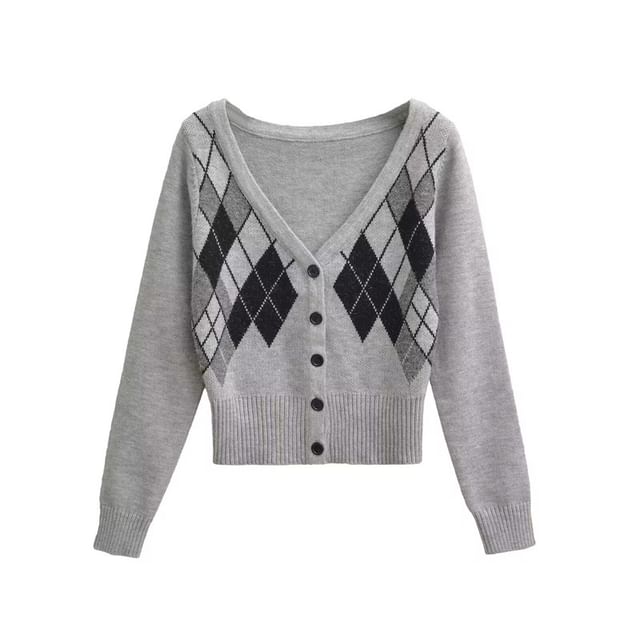 Gangacore-V-Neck Argyle Button Up Cardigan