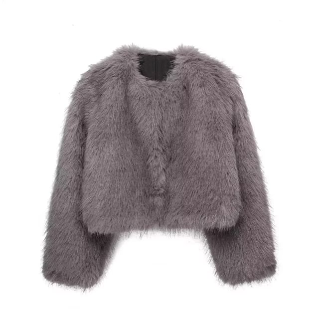 Gangacore-V-Neck Plain Fluffy Jacket