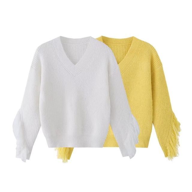 Gangacore-V-Neck Plain Fringed Sweater