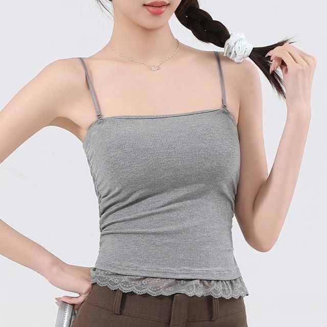 Gecko-Plain Padded Panel Lace Camisole Top