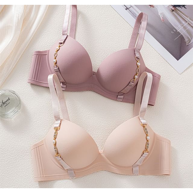 Gecko-Plain Rhinestone Faux Pearl Wireless Bra