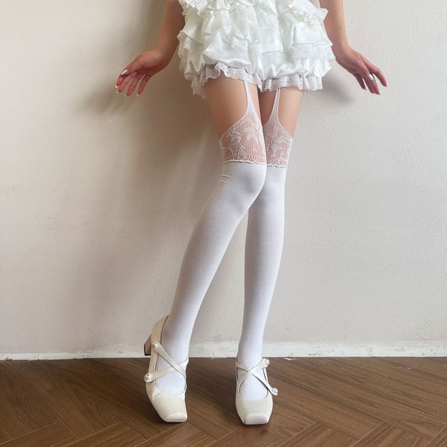 Gentiana-Plain Cutout Panel Lace Tights