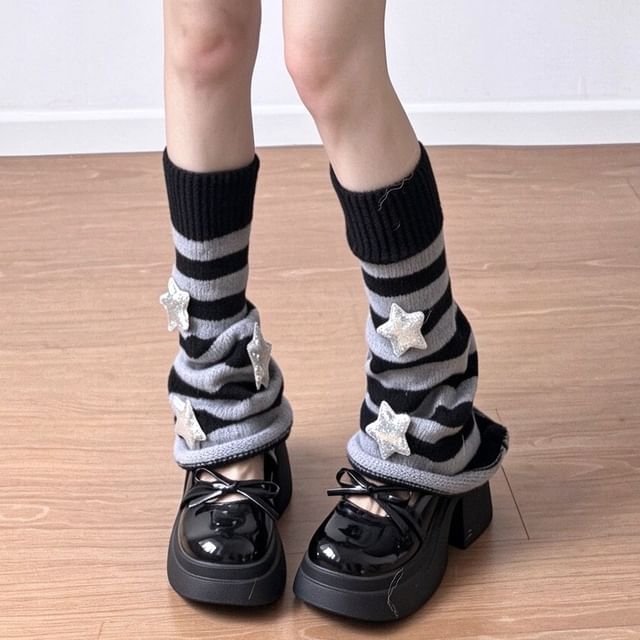 Gentiana-Striped Star Pattern Knit Leg Warmer