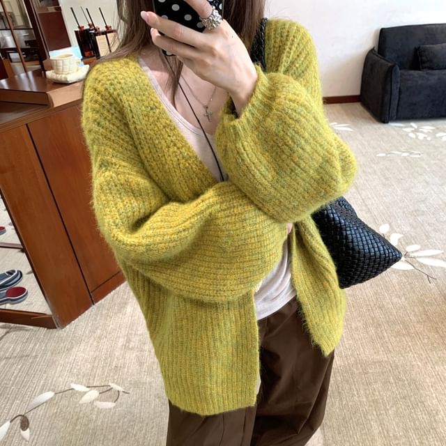 Gilmort-Balloon Sleeve V-Neck Plain Cardigan